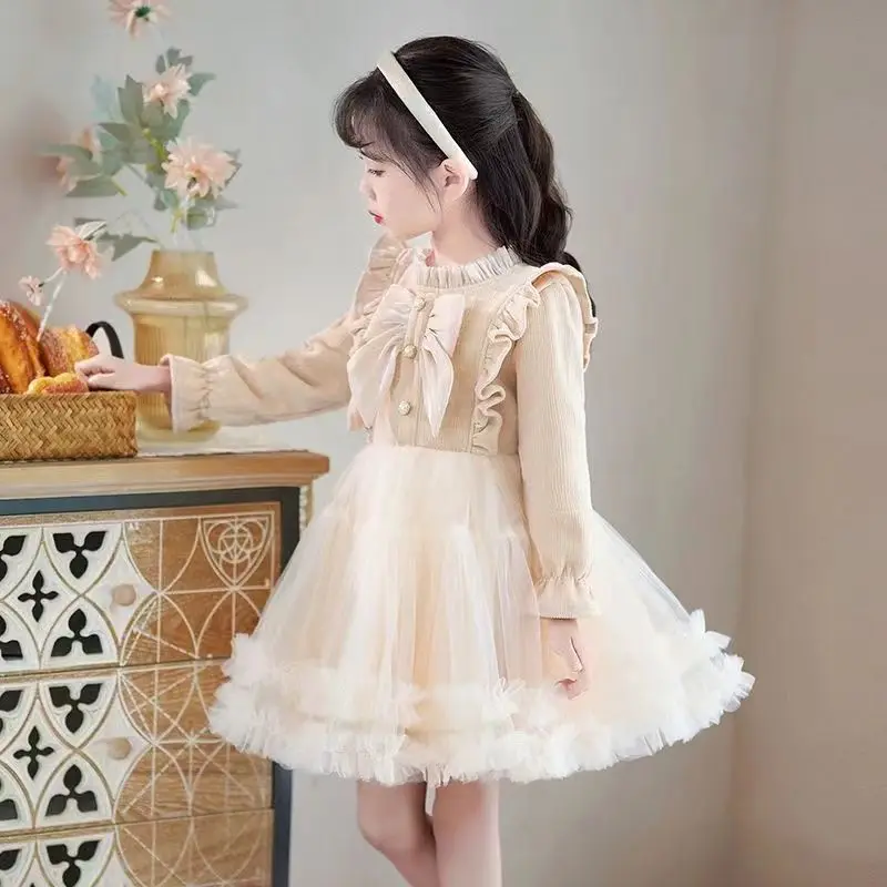 

Autumn Winter Kids Sweet Patchwork Mesh Puffy Princess Dress Children Birthday Party Daily Skirt Girls Bow Knot Corduroy Dresses