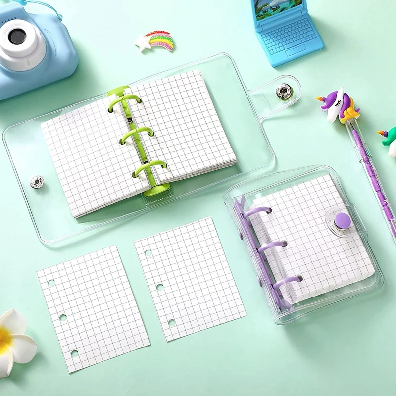 2 juegos de Mini cubiertas transparentes para carpetas de 3 anillas con carpeta, bolsa de papel interior, carpeta con cierre de cuaderno de PVC suave transparente