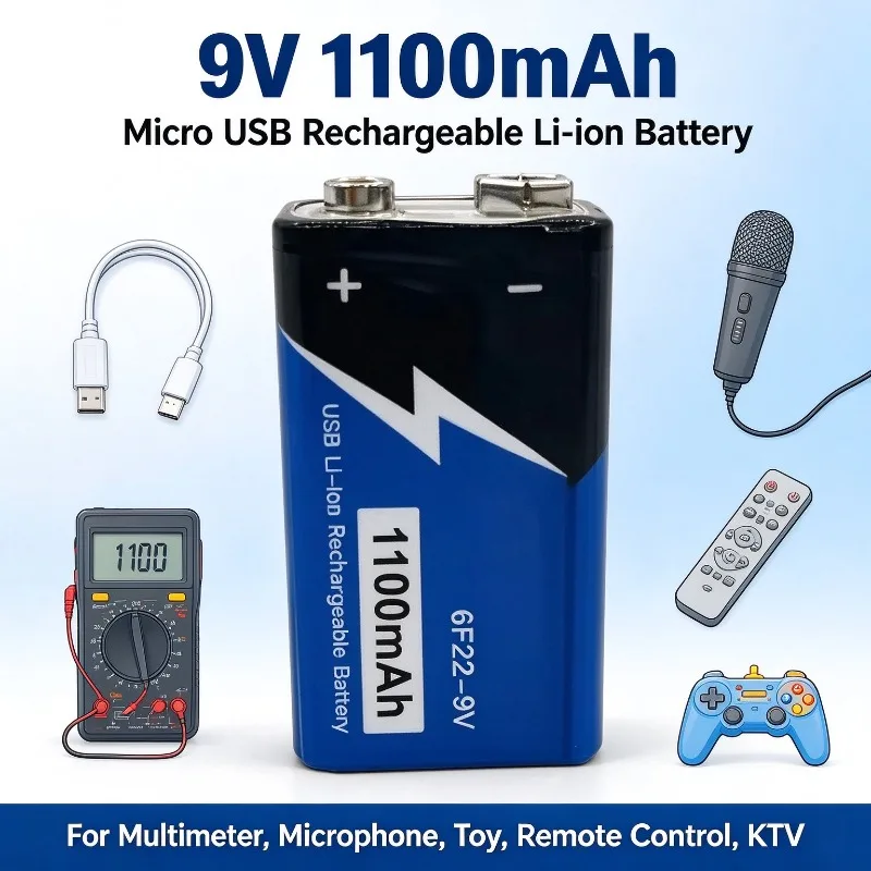 9V 1100mAh Li-ion Rechargeable Battery, Micro USB Charging, for Multimeter, Microphone, Toy, Remote Control, KTV