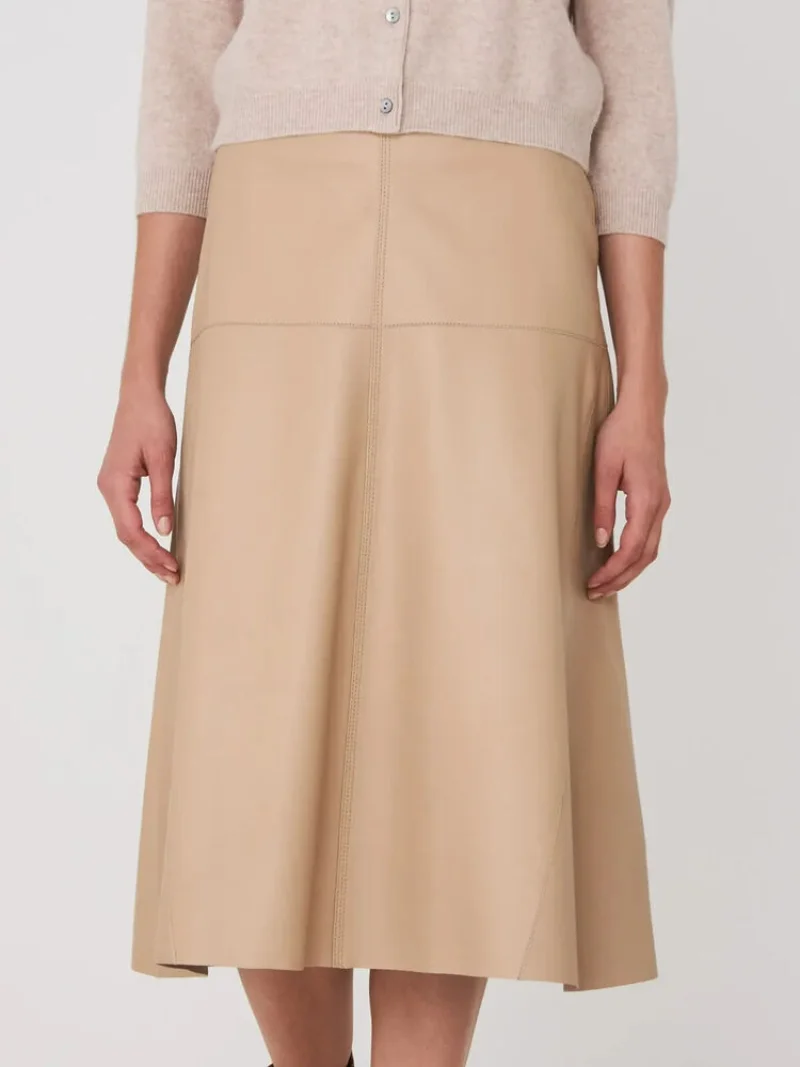 Women Beige Leather Skirt Pencil Beautiful Genuine Leather Flare Skirt