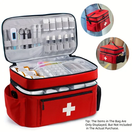 Imagen 2 del producto Bolsa de almacenamiento de medicamentos de viaje de gran capacidad, kit de emergencia portátil, diseño de doble capa, bolsa frontal, múltiples formas de llevar