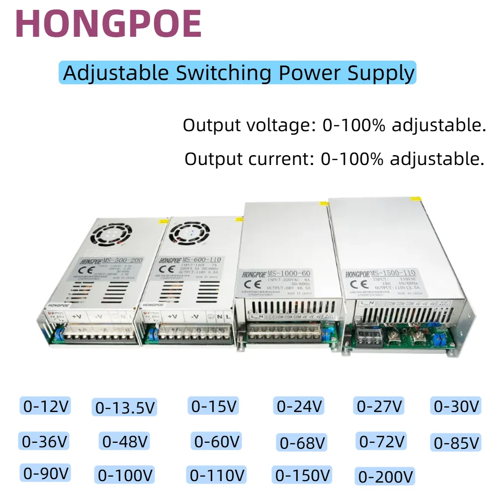 

Adjustable 500W 600W 1000W 1500W Switching Power Supply 0-12V 13.5V 15V 24V 27V 30V 36V 48V 60V 72V 85V 90V 100V 110V 150V 200V