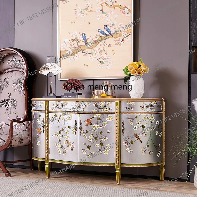 

French Painted Flowers and Birds Silver Home Solid Wood Semicircular Villa European American New Chinese