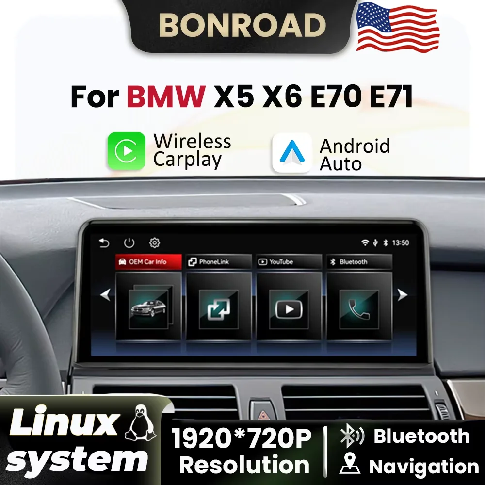 BONROAD Wireless Carplay Android Auto Linux Car Radio Multimedia Player For BMW X5 E70 X6 E71 E72 CCC CIC 2007-2013 AUX GPS BT Touch Screen Navigation