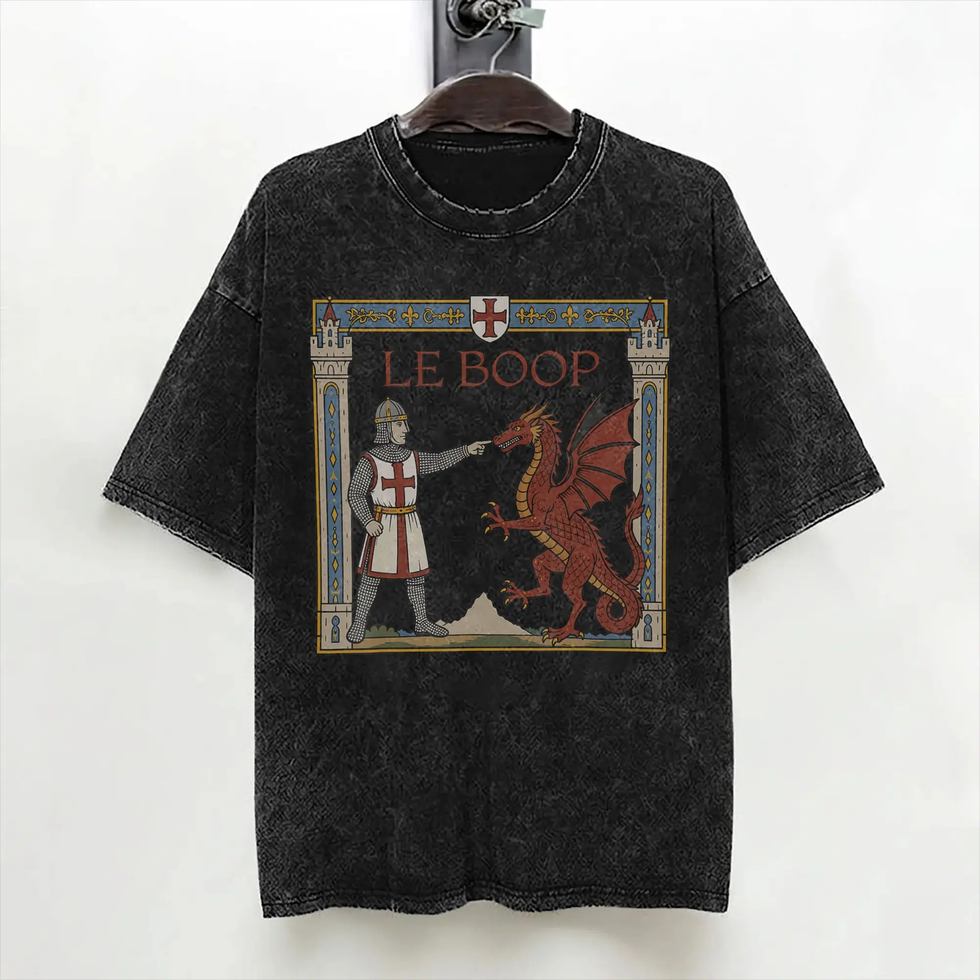 Le Boop Medieval Knight Dragon T Shirt Washed Cotton Oversize T-Shirt  Novelty Men Women Streetwear Printed Tee Shirt