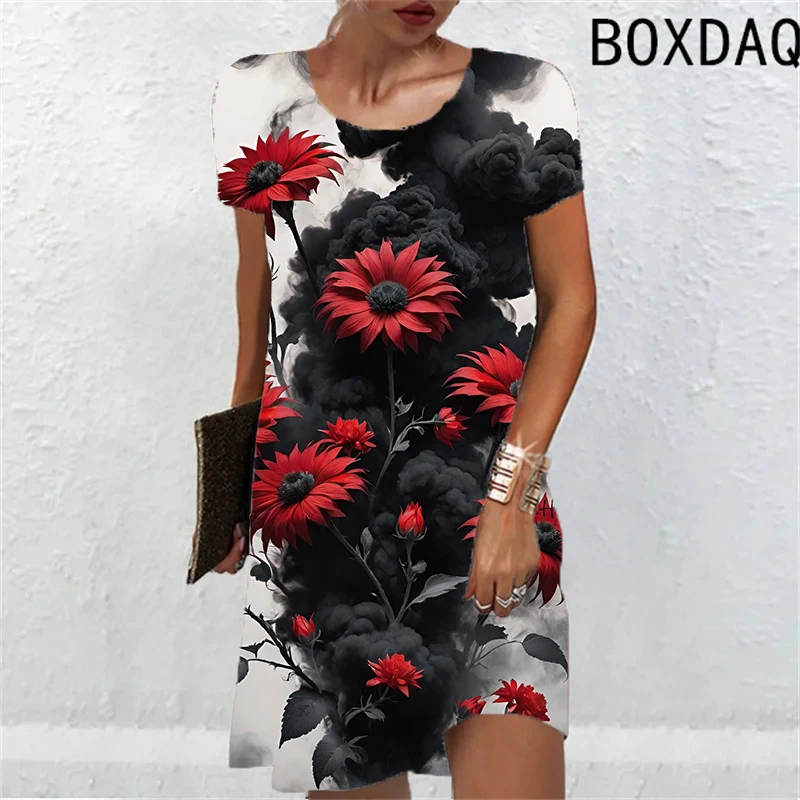 

Casual Tie Dyed Flowers Print Dress For Womens Short Sleeve o-neck Loose Mini Dress Street Wear Fashion Summer New Ladies Dress