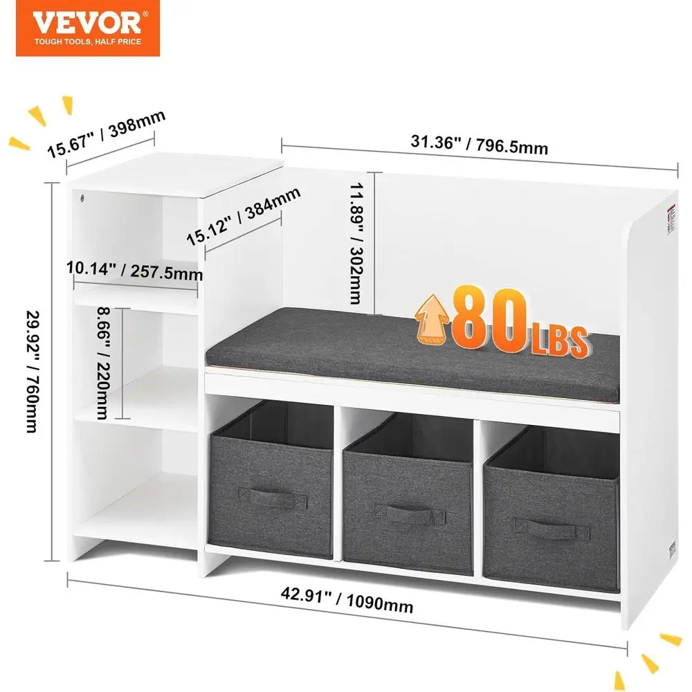 子供用読書コーナーベンチ、収納とクッション付き、6つのコンパートメントオーガナイザー、3つの引き出し付き本棚、プレイルーム、ベッドに最適