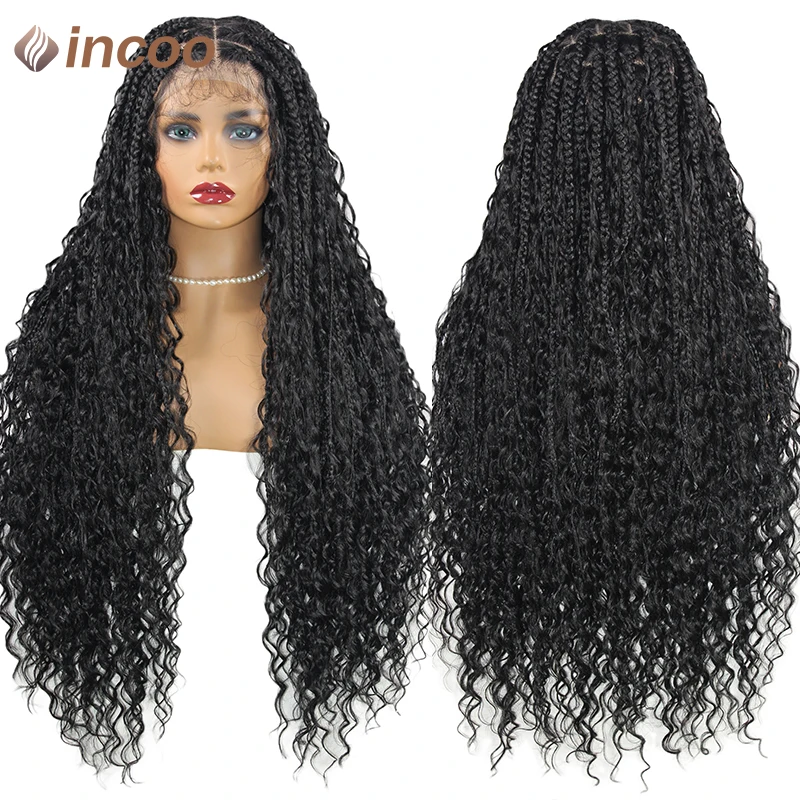 Synthetic 32 Inch Boho Box Braided Wigs Curly Hair End Full Lace Frontal Wig for Women Goddess Locs Braided Wig Bohemian Box Wig