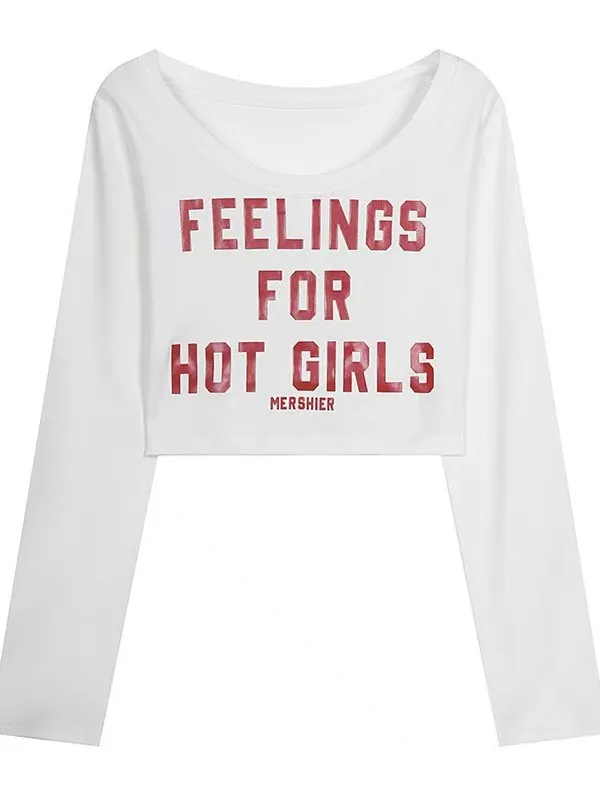 American Style Hot Girl Shoulder Print Long Sleeve T-Shirt Women's Short Crop Top Slimming White Belly Show off Autumn New Ar...