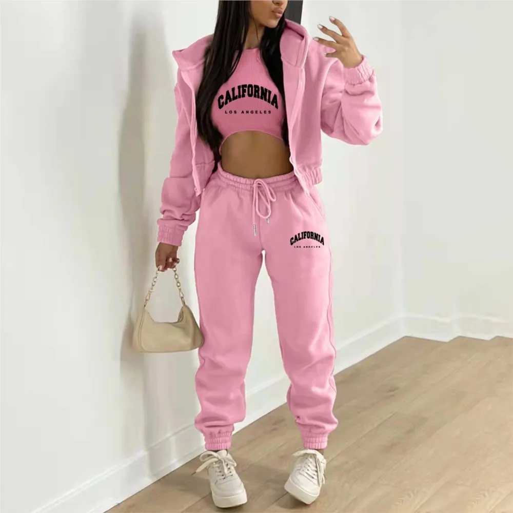 Autumn And Winter New Fleece Hoodie Letter Print Hooded Women\'s Suit Fashion Loose Casual Sports Pants Female 3 Piece Set 2024