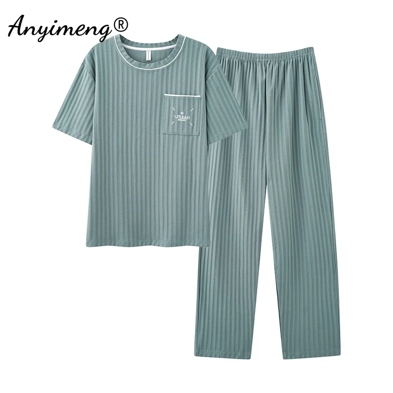 Spring Autumn Men Pajama Sets Short Sleeves Long Pants Coffee Pajamas Big Size L-3XL Pijamas O-neck Sleepwear Soft Loungewear