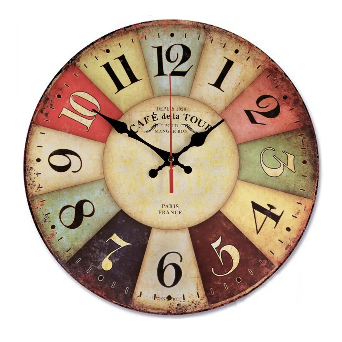 12 Inch Retro Wooden Wall Clock Farmhouse Decor, Silent Non Ticking Wall Clocks Large Decorative - Big Wood Atomic Analog Batter