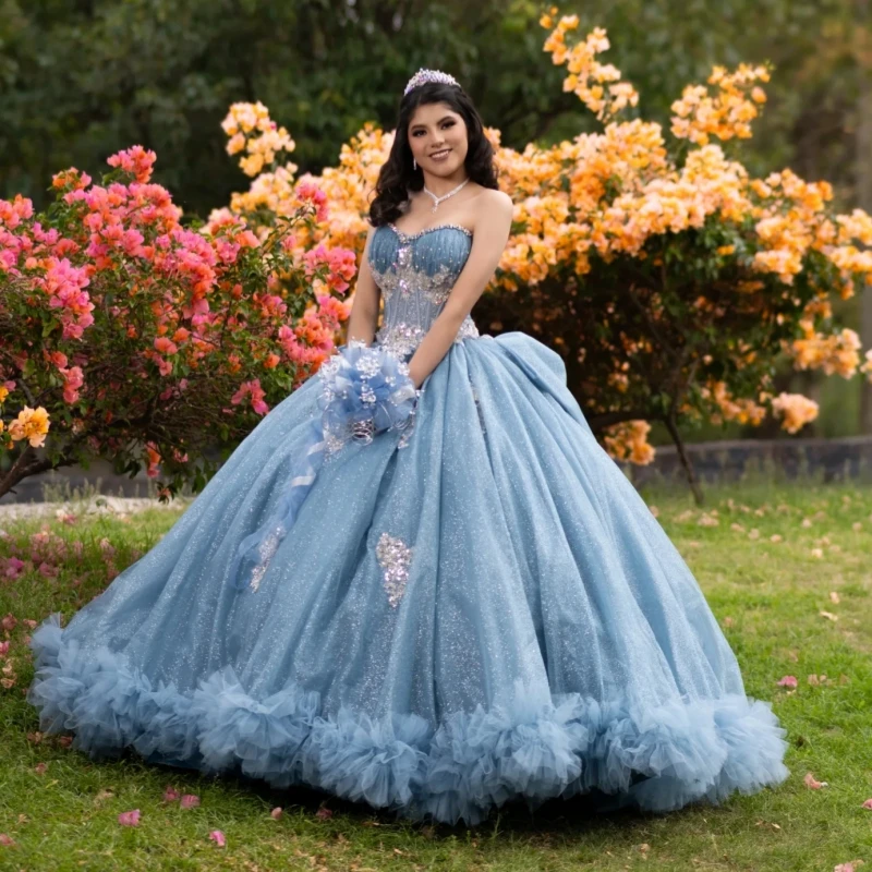 Sea Blue Ball Gown Quinceanera Dresses Applique Lace Beading Crystal Bow Tiered Tull Corset Off The Shoulder Sweet 16 Dress