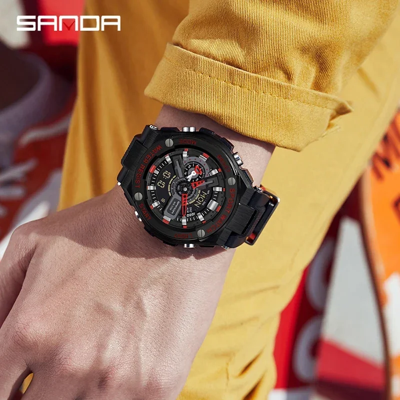 SANDA 3170 Sports Waterproof and Shockproof Alarm Clock Men\'s Watch New Handlift Light Korean Edition Multi functional