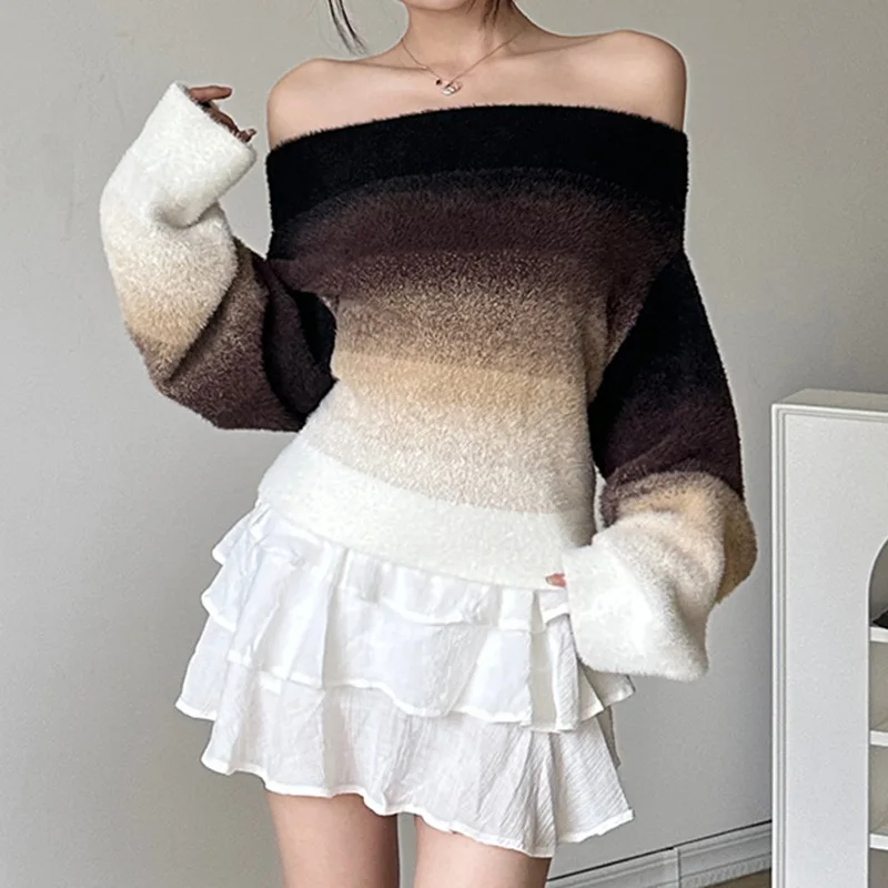 

European American Style Gradient Sweater Women Sexy Off-Neck Long Sleeve Knitted Top Spring New Loose Fashion Versatile Pullover