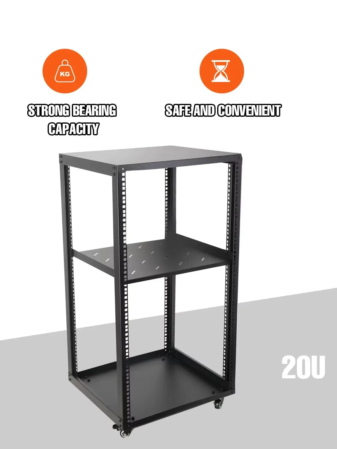 20U Server-Rack, offener Serverschrank, Tragkraft 500 lbs, mit 4 Rollen für Server/geschirmte Schränke, mobiles Audio-Verstärker-Rack-Regal