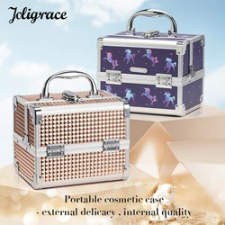 Makeup Case Portable Lock Alloy Unicorn Cosmetic Jewelry Nail Hair Accessories Storage Box with Mirror 2 Trays Make-up Suitcase