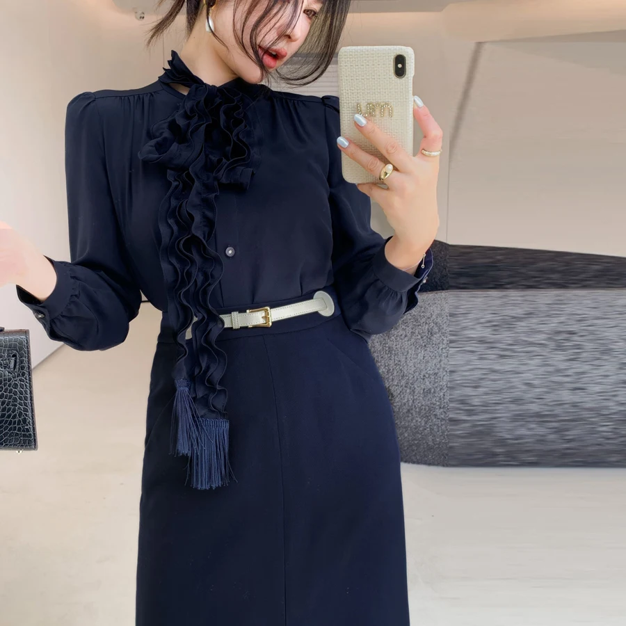 

2025 New Autumn Elegant Office Ladies Dark Blue Silk Blouse Fashion Lace-up Bow Tassel Ruffles Shirt