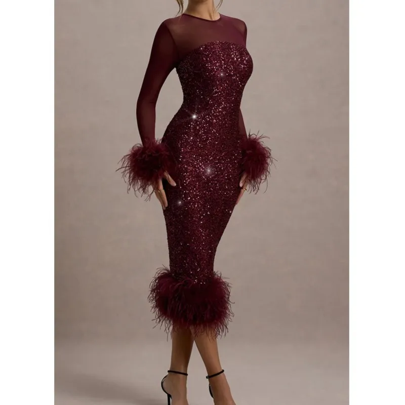 Abiti da ballo con paillettes Abito Abiti 2025 Donna Vestido Femininos Maniche lunghe Maglia Peluche Patchwork Banchetto Temperamento elegante