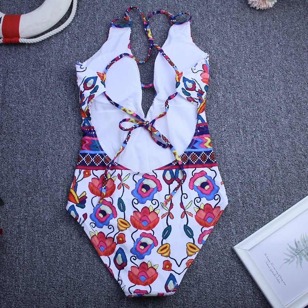 خمر 2025 مثير مجموعة البكيني المرأة مثير الأزهار الخامس الرقبة قطعة واحدة ملابس السباحة طباعة عارية الذراعين ملابس السباحة Monokini ثوب السباحة بحر
