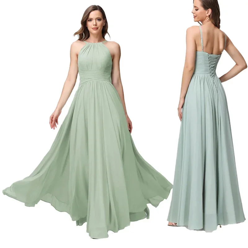 

A-Line Chiffon Bridesmaid Dresses for Wedding, Elegant Halter Neck Pleated Evening Gowns Prom Formal Party Dress with Corset Bac