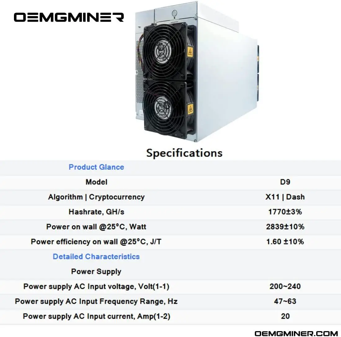 اشتري 2 واحصل على 1 مجانًا جديد Bitmain Antminer Dash Miner D9 Hashrate 1770G Power 2839W w/ PSU