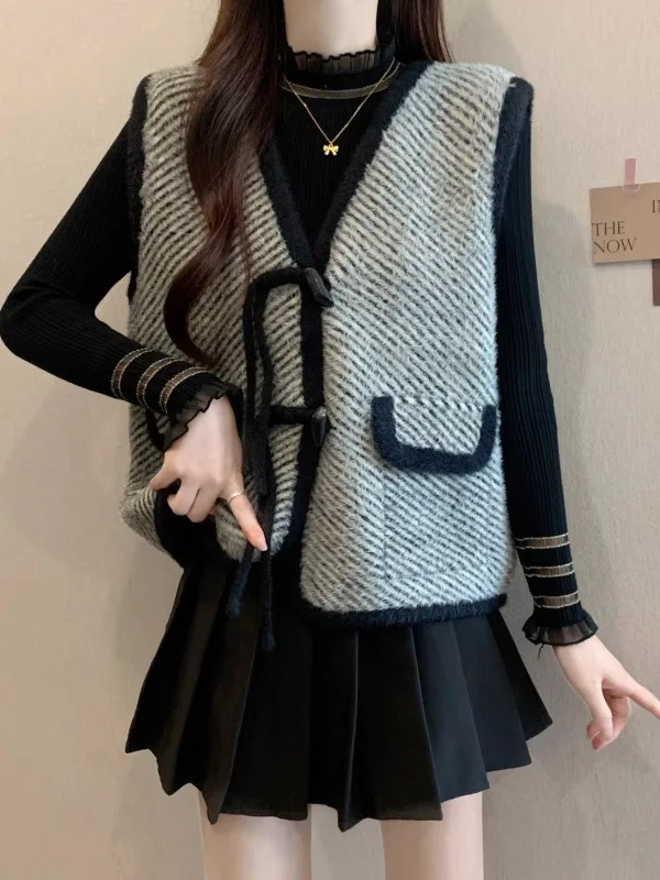Elegant V-Neck Woolen Vest Top Women's Early Spring Outerwear Large Size Fat MM Base Shirt Two-Piece Set Commute Style