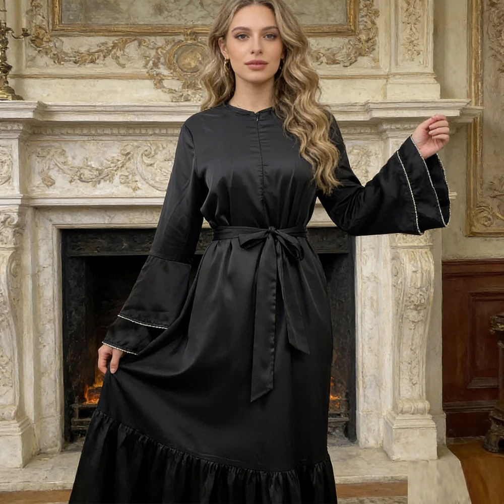 

Атласные абайи с рюшами для женщин на Рамадан, мусульманское макси-платье, дубайский кафтан, турецкий халат, исламская джалабия, женское мусульманское платье, абайя