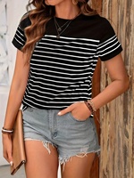 Contrast striped short sleeved summer new round neck pullover for age reducing top, slimming casual T-shirt for women in black