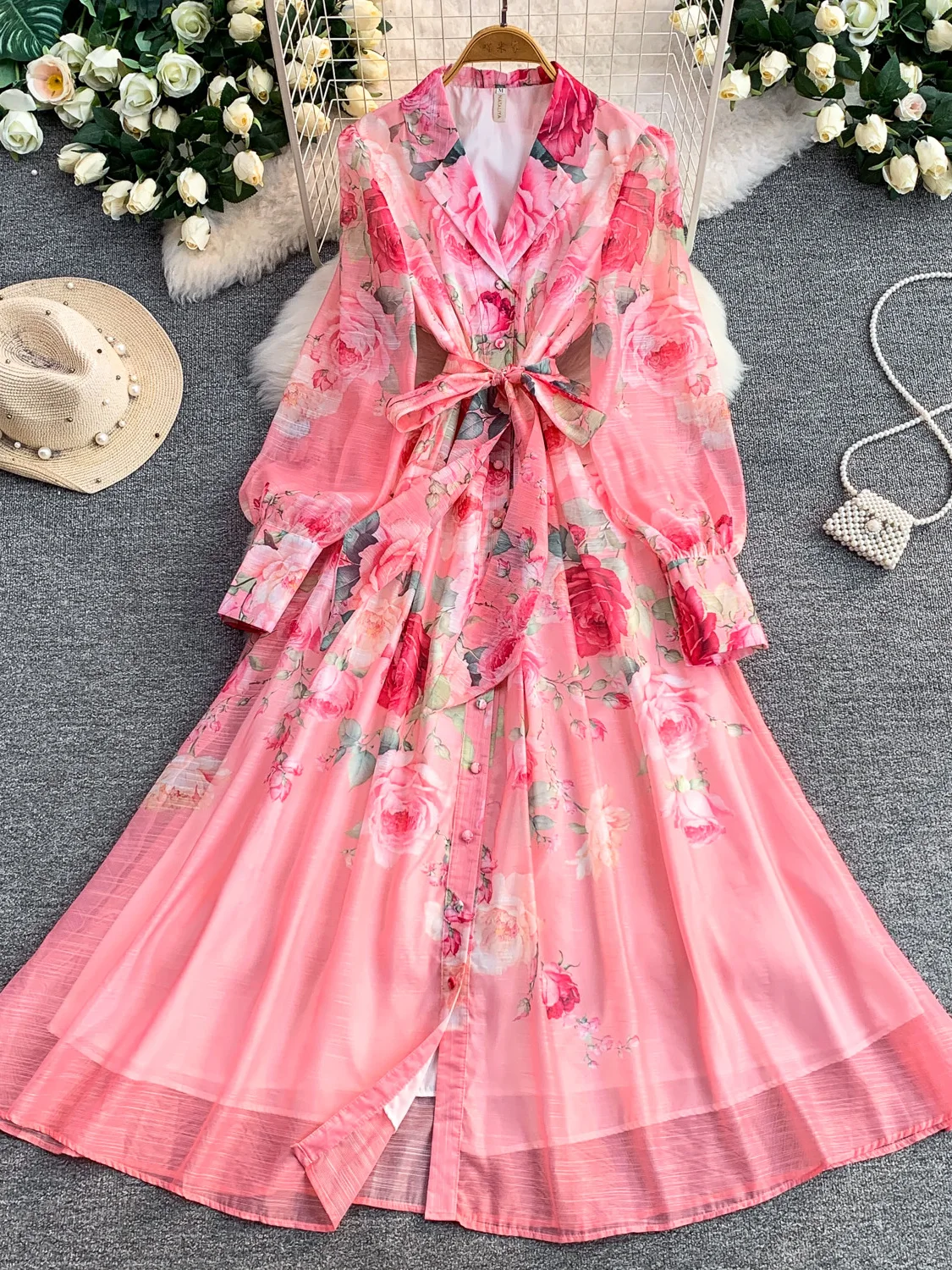 Romantic Vintage Rose Print Suit Collar Dress Women's Summer Belted Slimming Long Skirt Wide Leggings Spring Summer Fashion