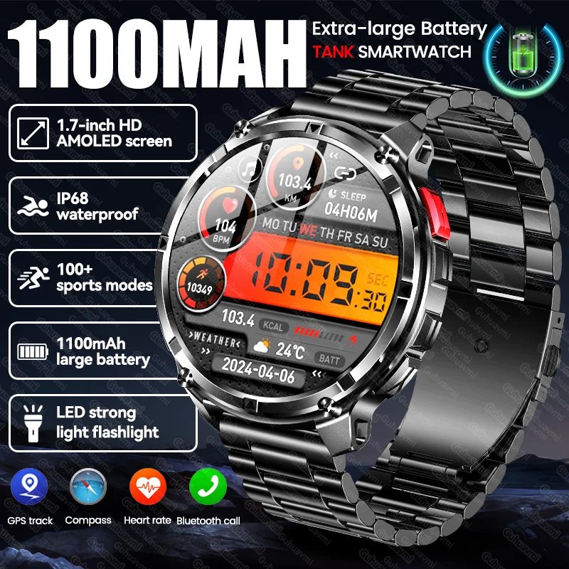 

New Men TANK1100mAh Ultra Durable Battery Smart Watch GPS Compass Waterproof Bluetooth Call 100+Sport Mode Flashlight Smartwatch