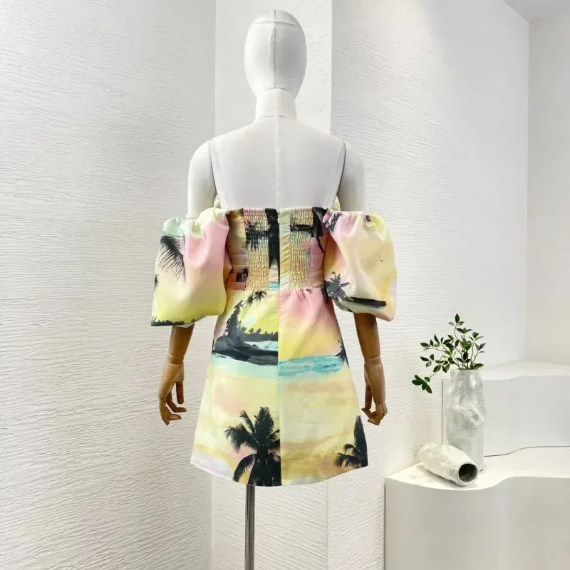 Women's Yellow Short Sleeve High Quality Arrivalscoconut Palm Sunset Print Off The Shoulder Mini Dresses for Party