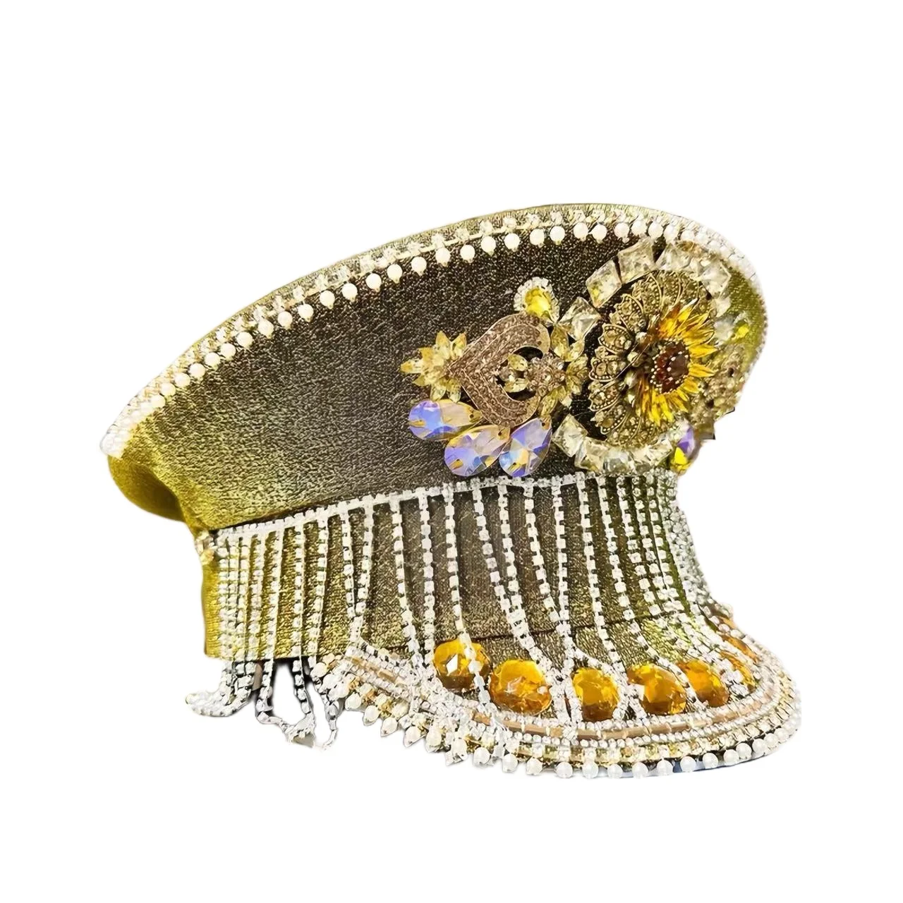 

HongLuan Yellow Tassels Steampunk Captain Hat Rhinestone for Burning Man Festival Woman - Vintage Military Assessories for Women