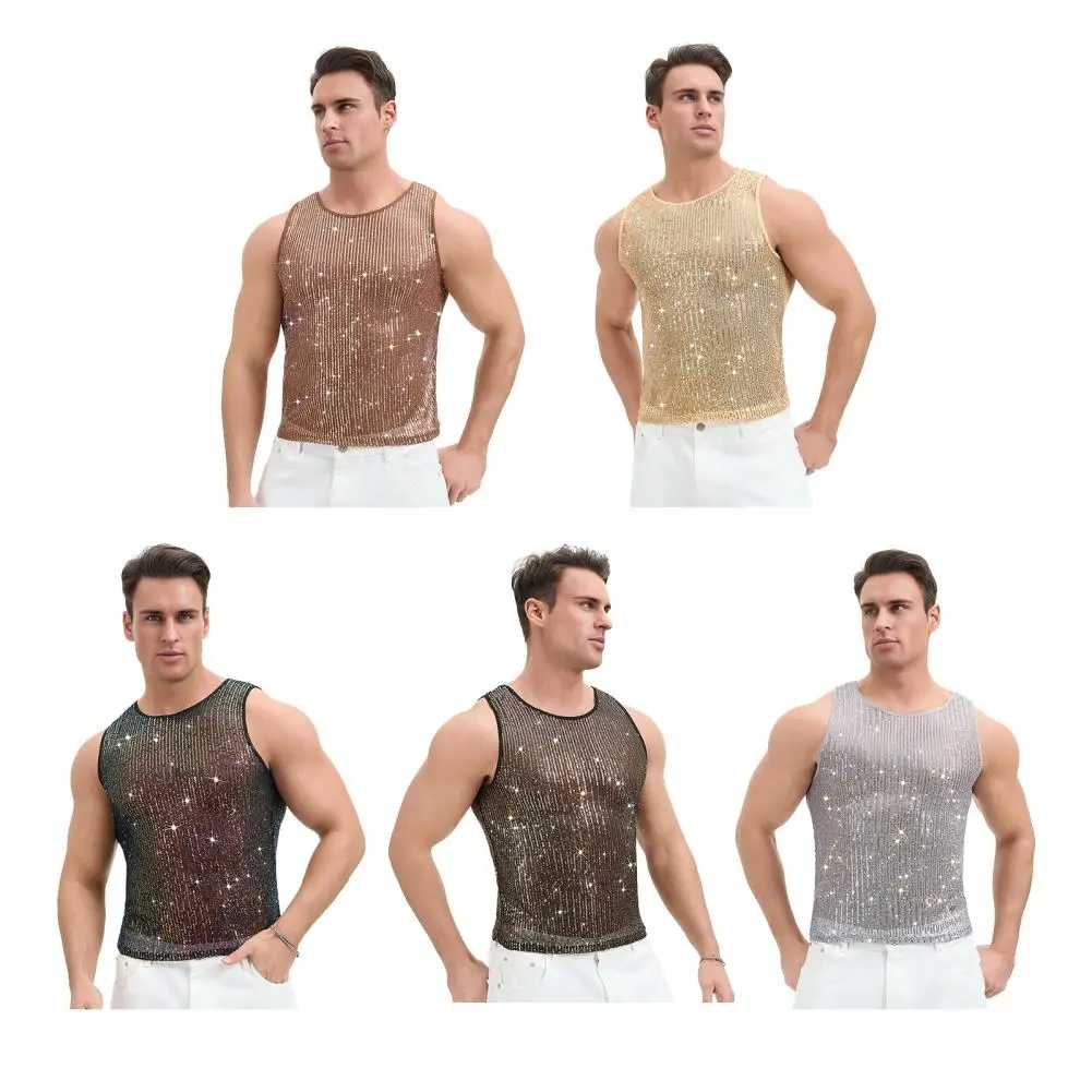 Mens Summer Shiny Sequined Tank Tops Gym Bodybuilding T-Shirt Designer Casual Night Clubwear Tops Training Slim Fit Strap Tees