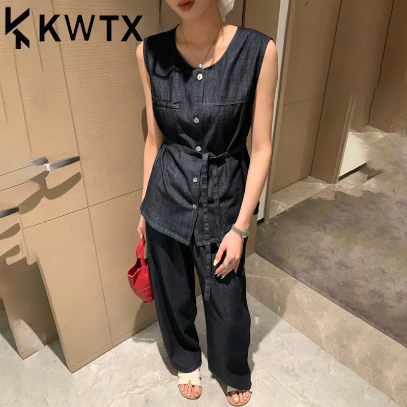

KWTX Women's Two Piece Set Vest Wide Leg Pants Tie Waist Single Breasted Retro Elegant Luxe Chic Solid Spring Summer 2025