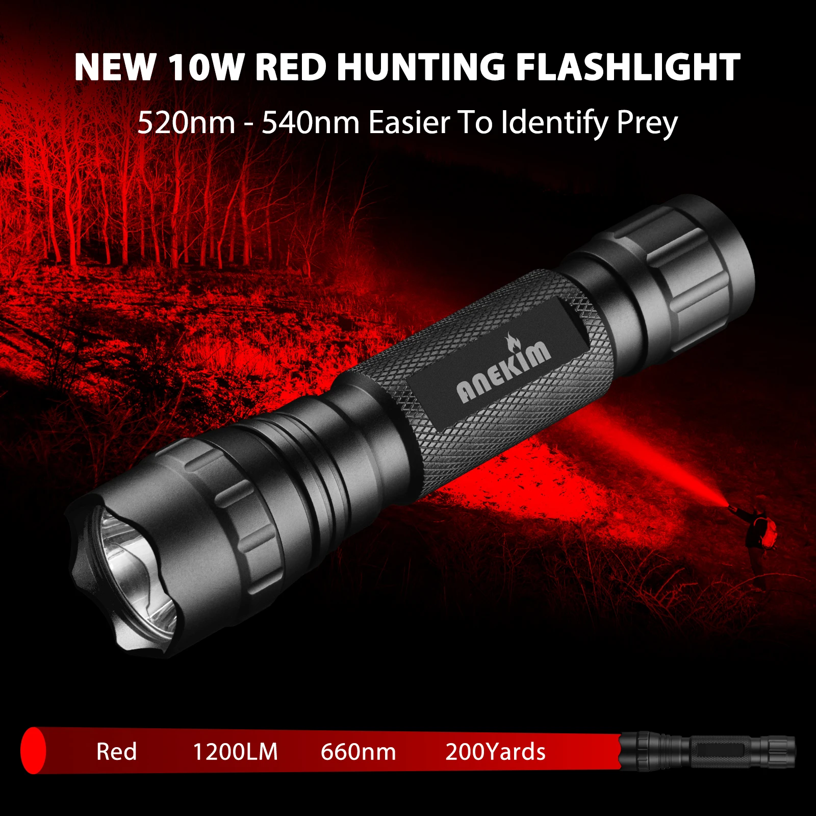 ANEKIM FL11 Red Tactical Flashlight, 1200LM Zoomable Single Mode Torch, USB Rechargeable 18650 Battery, Hunting Coyote Wild Hogs