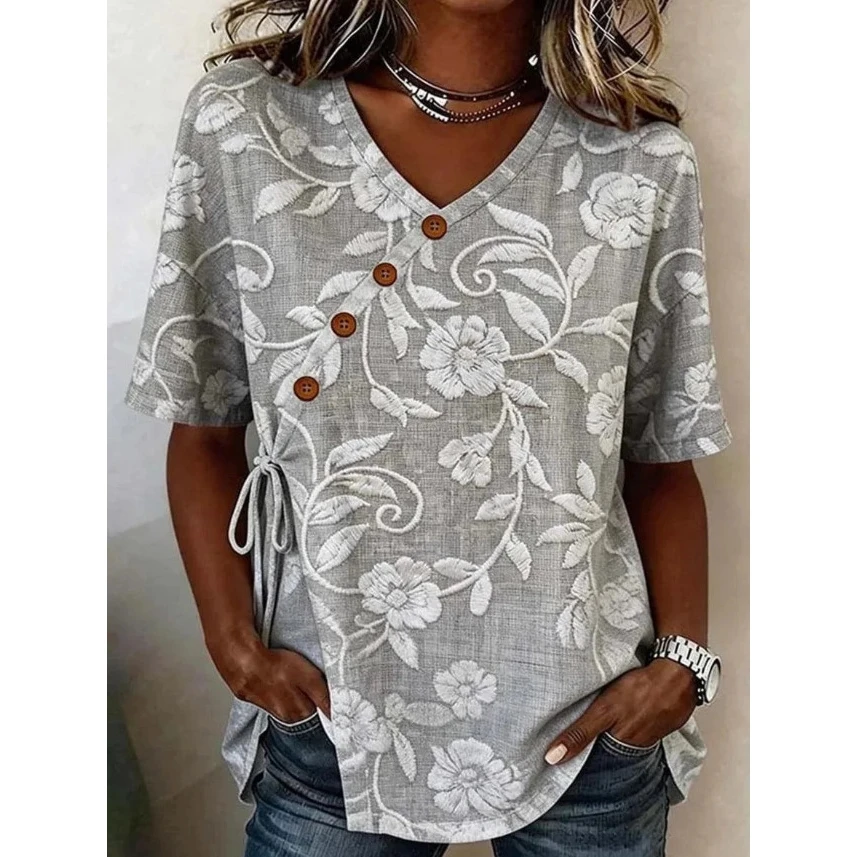 2026 New Women's Casual Floral Print Shirt Cross-Border Short Sleeve V-Neck Linen Blend Top for Spring Season