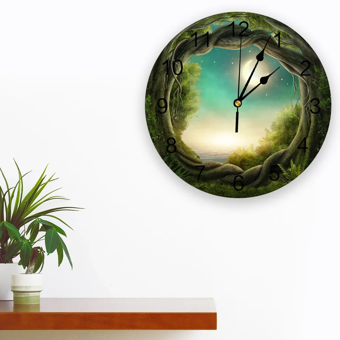 Jungle Arbor Woods Moon Green Wall Clocks Home Decoration Silent Round Wall Watches for Home Living Room Kitchen Wall Decor