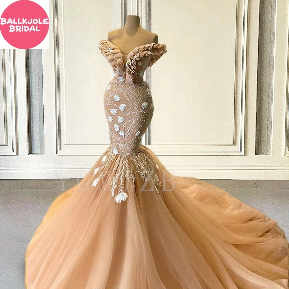 Off Shoulder Evening Dresses Long Luxury 2025 Mermaid Bead Lace Champagne Elegent Formal Prom Gowns Celebrity Special Occasions