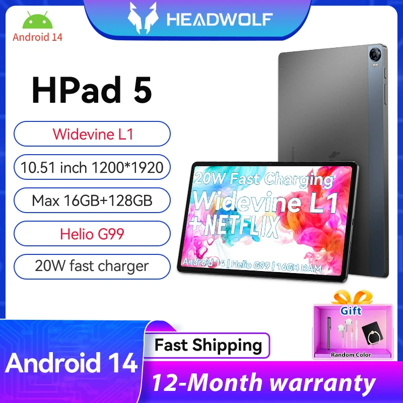 

Headwolf HPad5 Android 14 10.5-inch pad Helio G99 Max 16GB RAM 128GB ROM Dual SIM 4G phone Tablet Netflix L1 8500mAh 20MP camera