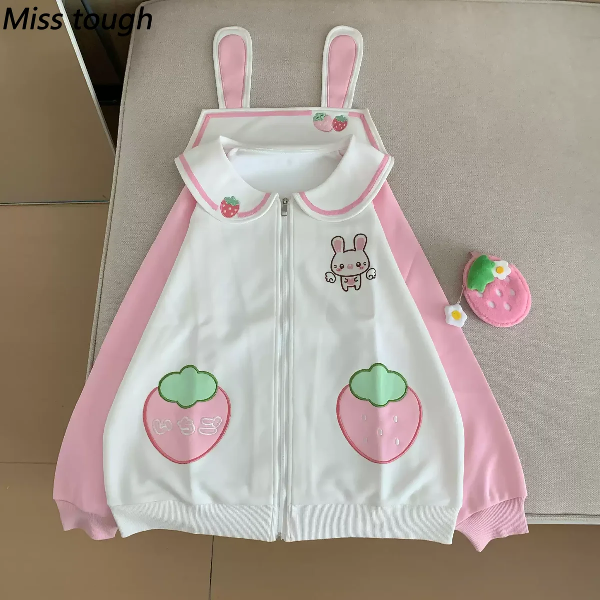 Sweet Lolita Kawaii Women Coat Rabbit Ear Strawberry Embroidery Sailor Collar Zip Up Daily Y2k Korean Fashion Sweatershirts 2026