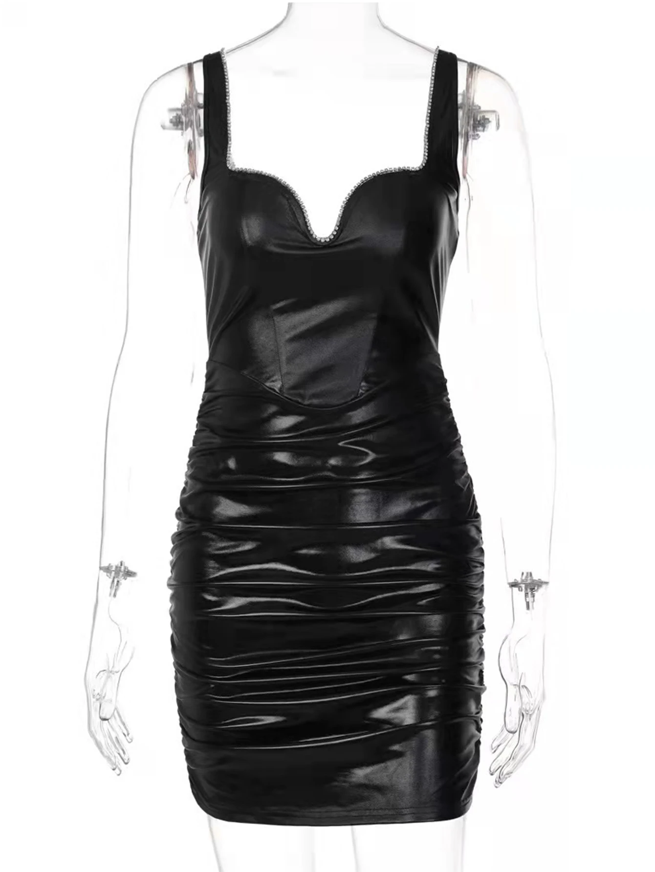 Minivestido Sexy de cuero negro con espalda descubierta para mujer, vestido de fiesta de cumpleaños con diamantes de imitación para club, vestidos de noche cortos ajustados