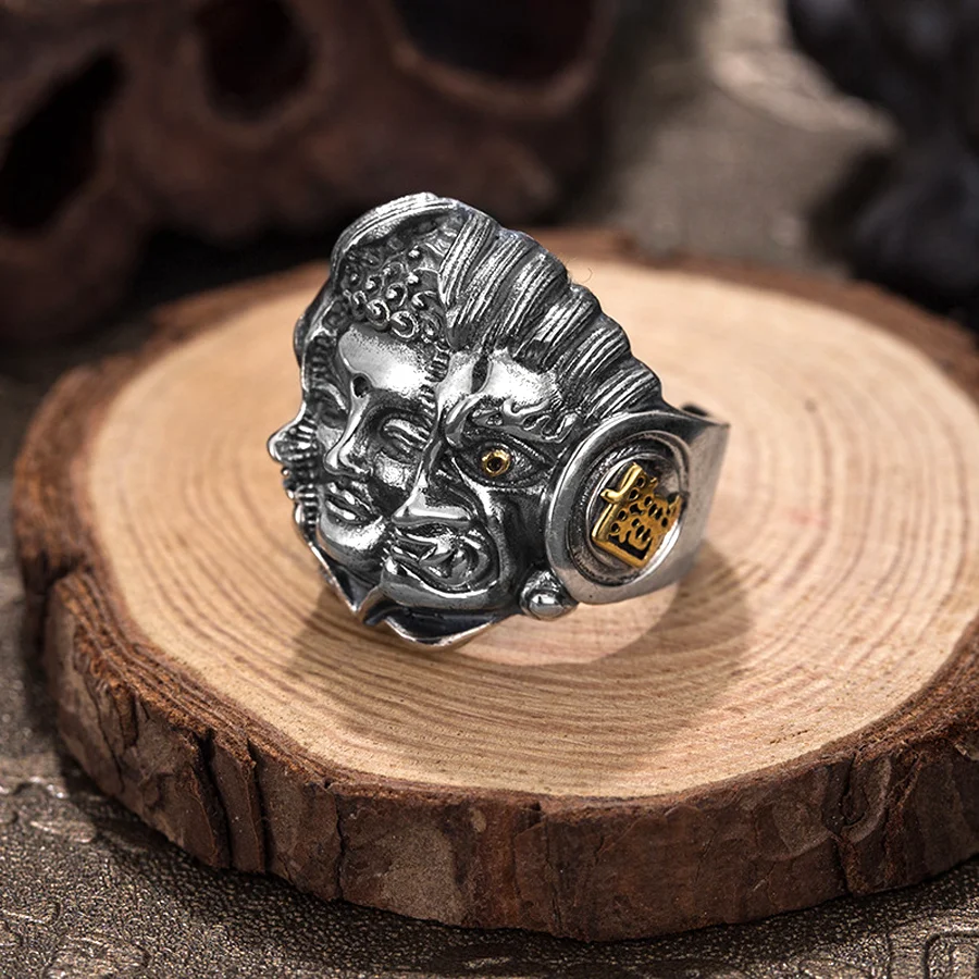 Vintage Buddhism Devil Face Rings for Men Women Exaggerated Hip Hop Rock Jewelry Gifts