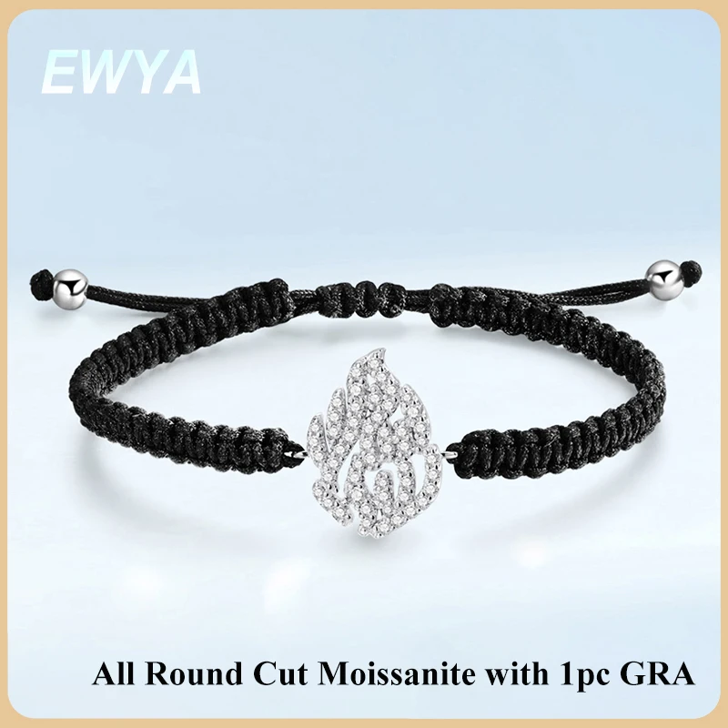 EWYA All Moissanite Flame Shape Braided-rope Adjustable Bracelets for Women Man S925 Silver Dainty Hand Chain Fine Jewelry Gift