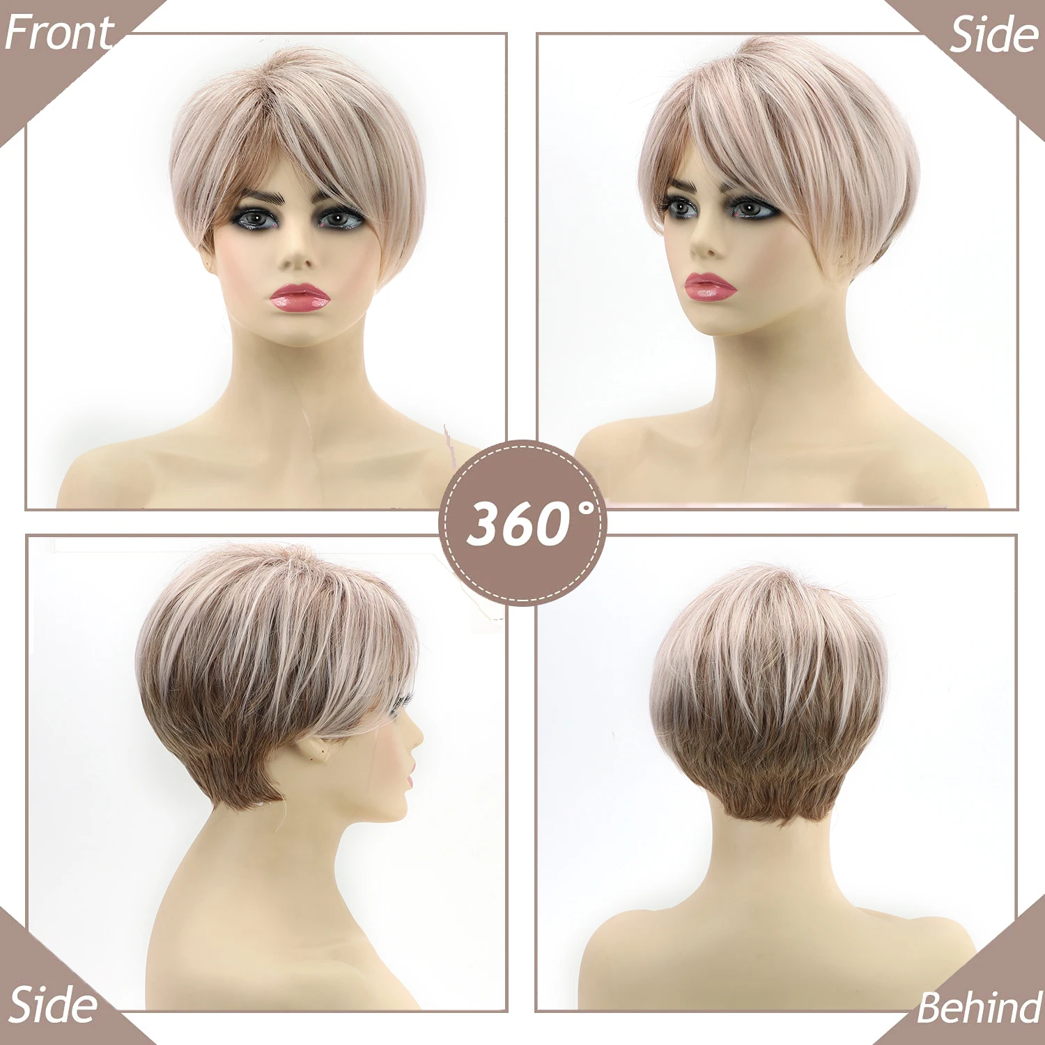 ผู้หญิงสั้นสีชมพู Pixie ตัดวิกผมผงทองผสมสี Layered วิกผมสั้นวิกผมสังเคราะห์ Bangs แฟชั่นธรรมชาติสําหรับทุกวัน