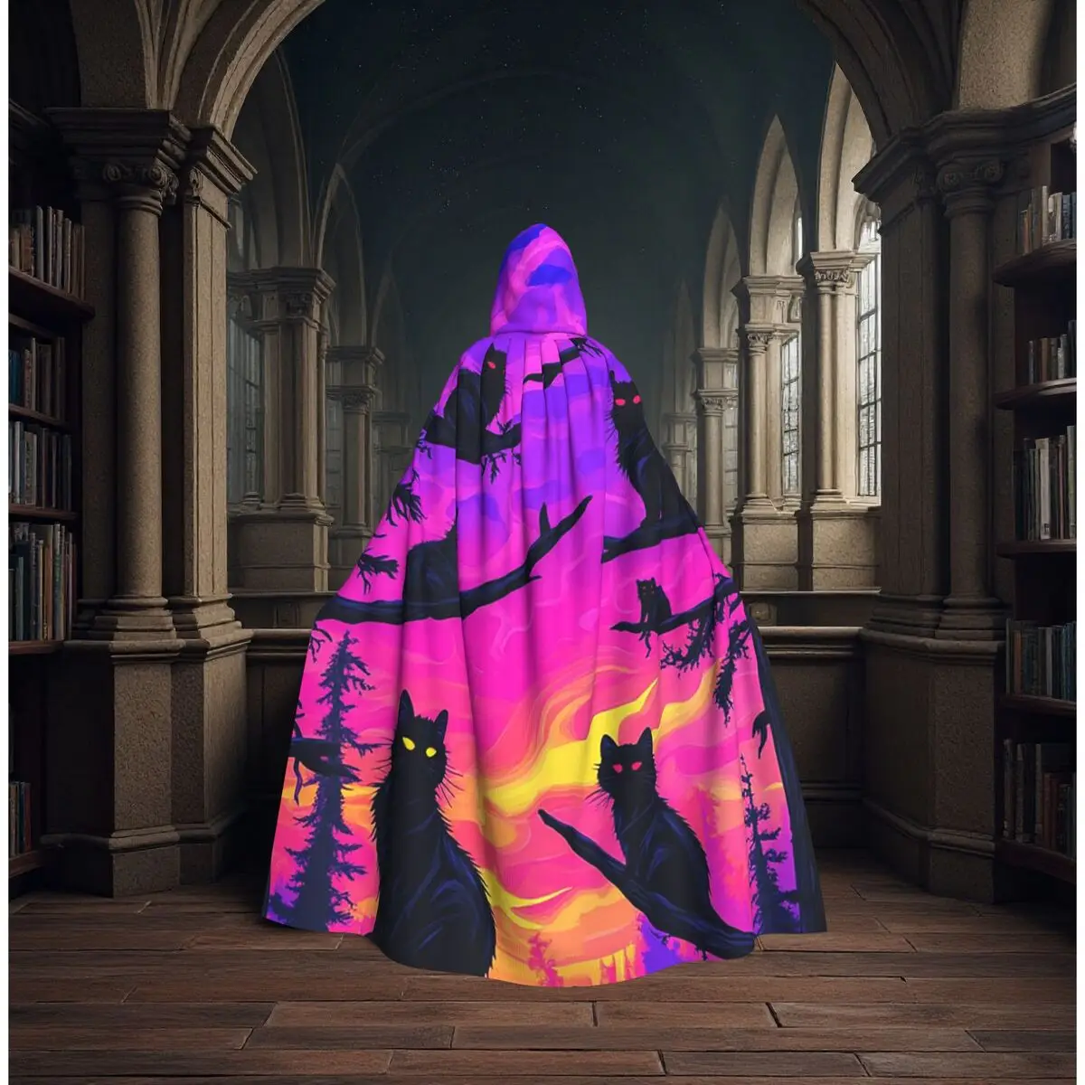 

Black Cat Design Long Hooded Cloak Witch Medieval Costume Cosplay Cape HalloweenVampire Adult Unisex