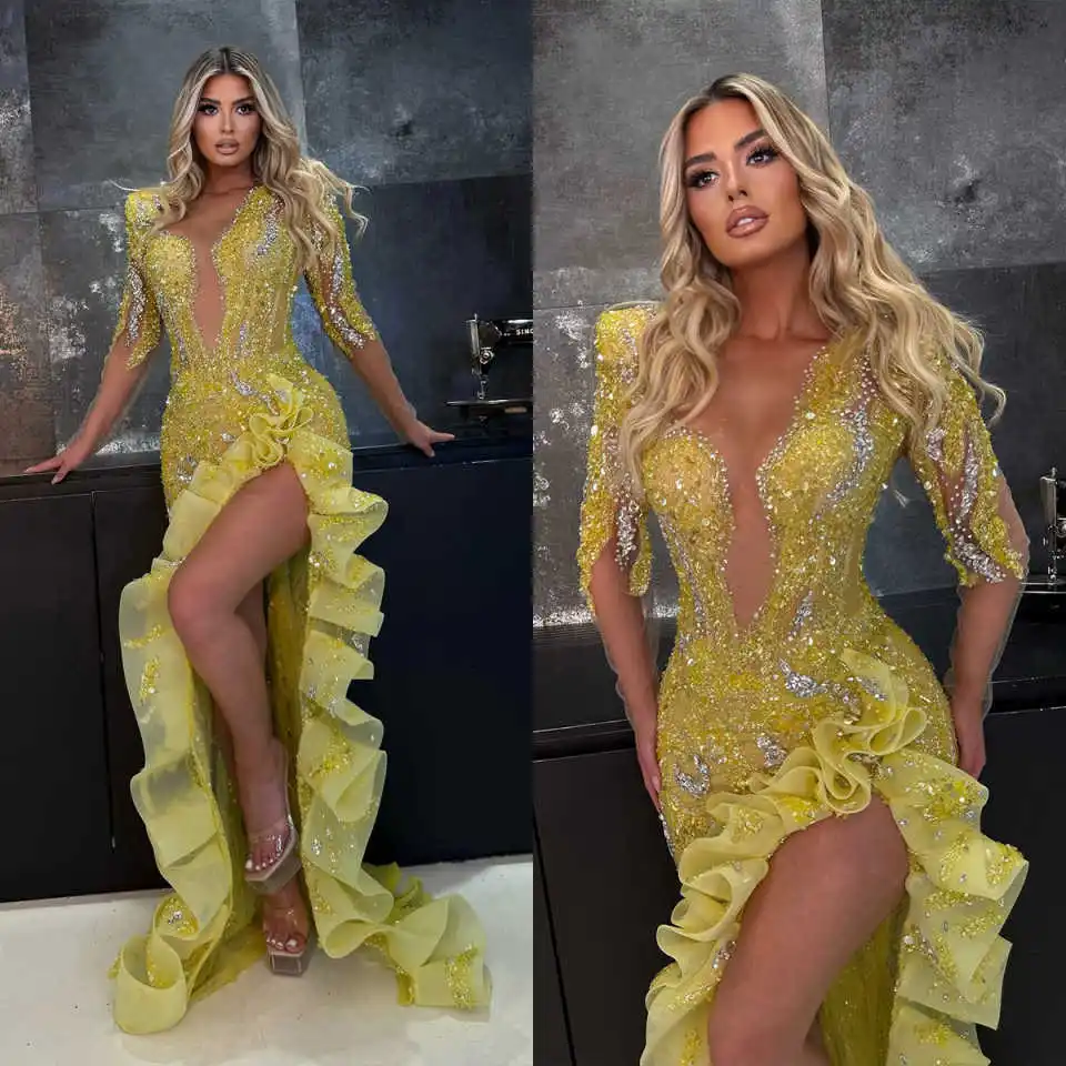 

Exquisite Crystal Beading Prom Dresses Sexy Side Split Ruffle Evening Dress Customized Sequins Floor Length Celebrity Party Gown