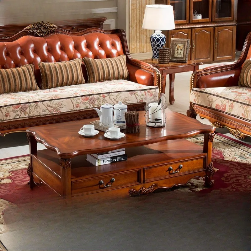 American solid wood cowhide small apartment living room leather sofa coffee table combination set modern simple leather cloth Eu