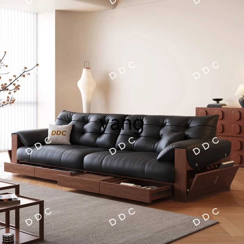 

TGF leather sofa living room walnut antique solid wood drawer storage sofa