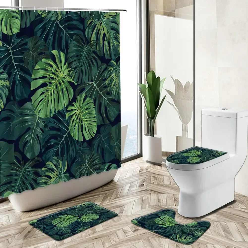 Tropical Green Plants Shower Curtain Banana Palm Leaf Flower Summer Home Decor Bath Mat Toilet Lid Cover Flannel Bathroom Carpet